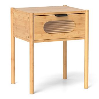 Small Square Nightstand Wicker Frame Glass Front Drawer Bedroom Side Table