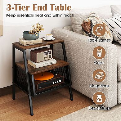 Compact 3 Tier End Table Mesh Storage Nightstand Bedroom Living Room