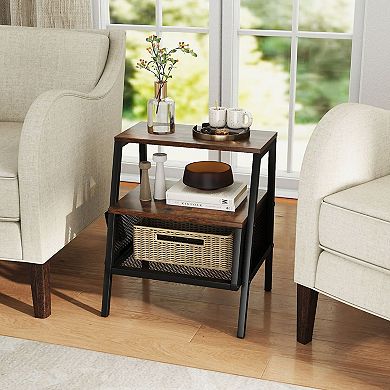 Compact 3 Tier End Table Mesh Storage Nightstand Bedroom Living Room