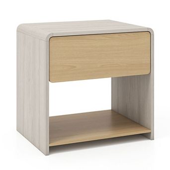 2 tier Nightstand with Storage Drawer Open Shelf Wood Look Side Table