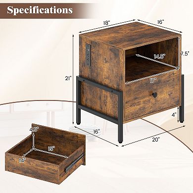 Industrial Nightstand with Charging Station Drawer and USB Ports