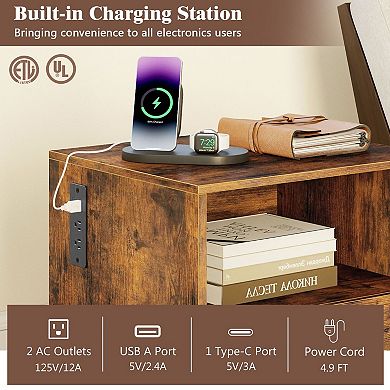Industrial Nightstand with Charging Station Drawer and USB Ports
