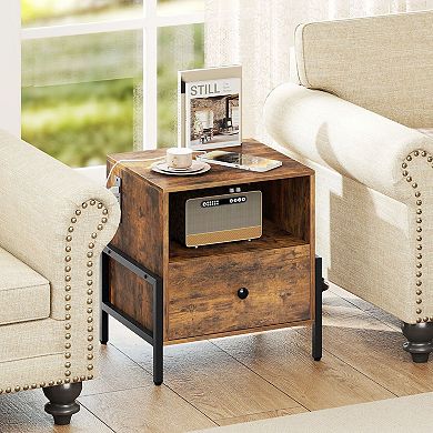 Industrial Nightstand with Charging Station Drawer and USB Ports