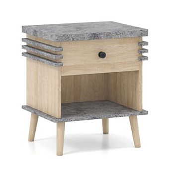 Small Nightstand with Drawer and Open Shelf Faux Marble Top Bedside Table