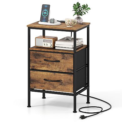 Industrial Nightstand with Charging Station USB Type-C and 2 Fabric Drawers