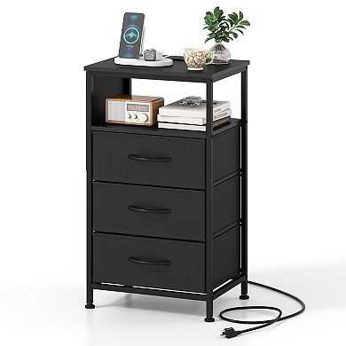 Small Nightstand with Charging Station Side Pocket and Foldable Fabric Drawers