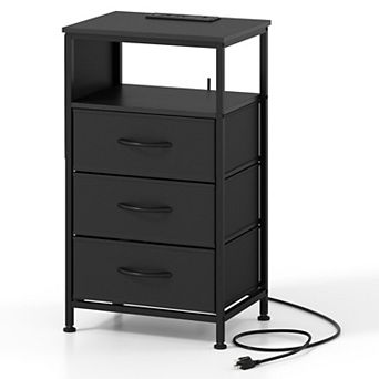 Small Nightstand with Charging Station Side Pocket and Foldable Fabric Drawers