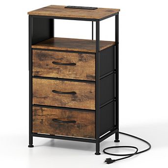Small Nightstand with Charging Station Side Pocket and Foldable Fabric Drawers