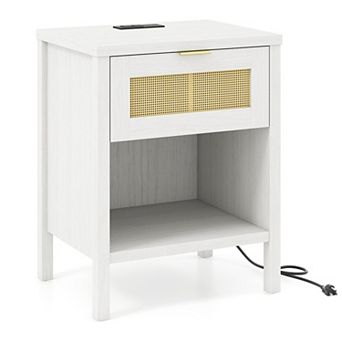 Boho Side Table with AC Outlets USB Ports Drawer and Open Compartment