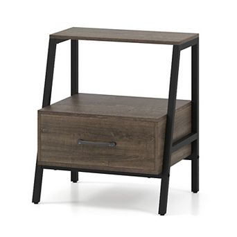 Farmhouse Nightstand with Drawer and Shelf Wood Side Table with Metal Frame