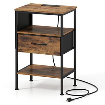 Industrial Nightstand with Charging Station Fabric Drawer and Open Shelf