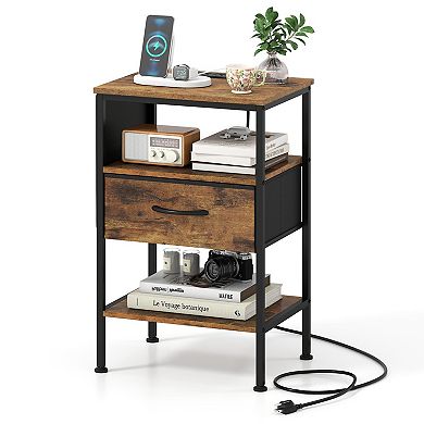 Industrial Nightstand with Charging Station Fabric Drawer and Open Shelf
