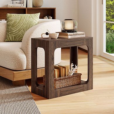 Wood Look End Table with Open Shelf Narrow Side Table for Sofa or Bed