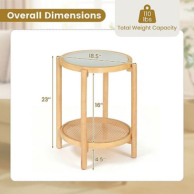 Round Side Table 2-Tier Boho End Table with Tempered Glass Top-Walnut