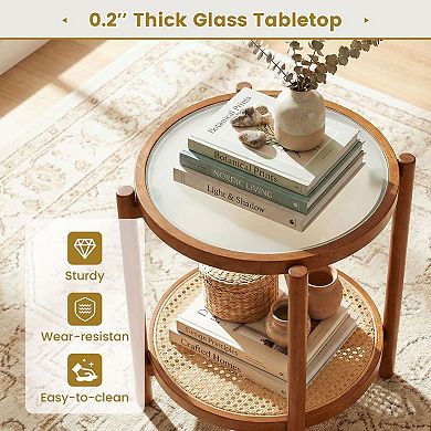 Round Side Table 2-Tier Boho End Table with Tempered Glass Top-Walnut