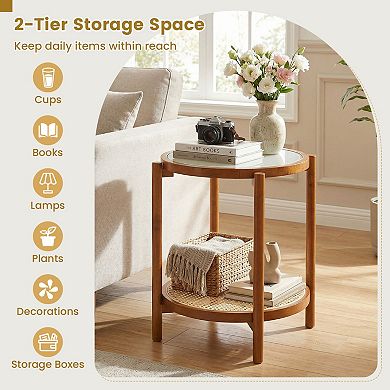 Round Side Table 2-Tier Boho End Table with Tempered Glass Top-Walnut