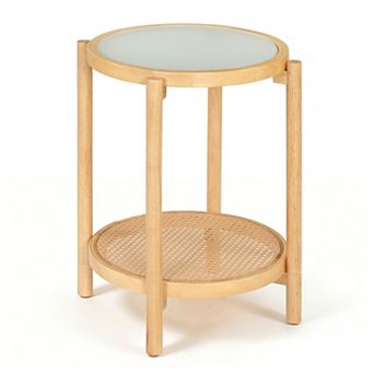 Round Side Table 2 tier Boho End Table with Tempered Glass Top-Walnut