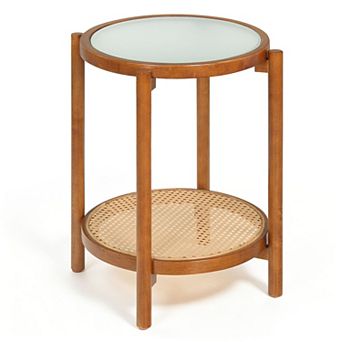 Round Side Table 2 tier Boho End Table with Tempered Glass Top-Walnut