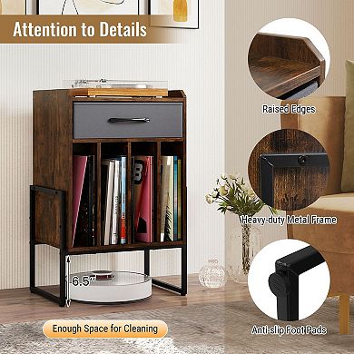 Vinyl Storage Stand with Fabric Drawer and Open Record Display Shelves