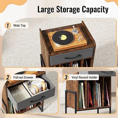 Vinyl Storage Stand with Fabric Drawer and Open Record Display Shelves