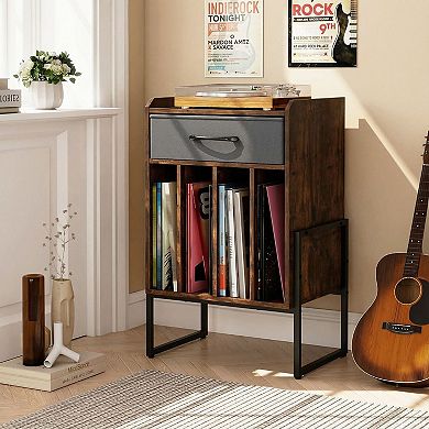Vinyl Storage Stand with Fabric Drawer and Open Record Display Shelves