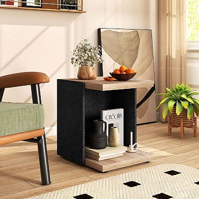 Small Nightstand with Open Storage Shelf Mid Century Accent Table