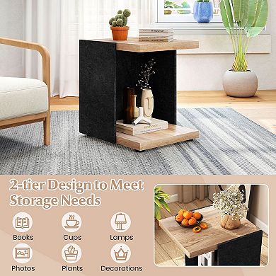 Small Nightstand with Open Storage Shelf Mid Century Accent Table