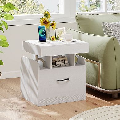 Nightstand with Charging Station Hidden Tray and Storage Drawer for Bedroom