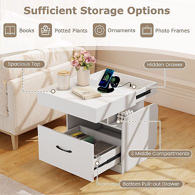 Nightstand with Charging Station Hidden Tray and Storage Drawer for Bedroom