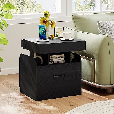Nightstand with Charging Station Hidden Tray and Storage Drawer for Bedroom