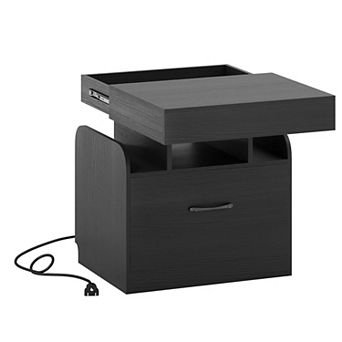 Nightstand with Charging Station Hidden Tray and Storage Drawer for Bedroom