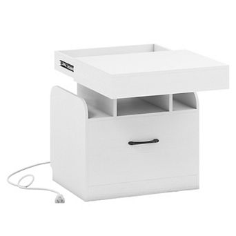 Nightstand with Charging Station Hidden Tray and Storage Drawer for Bedroom