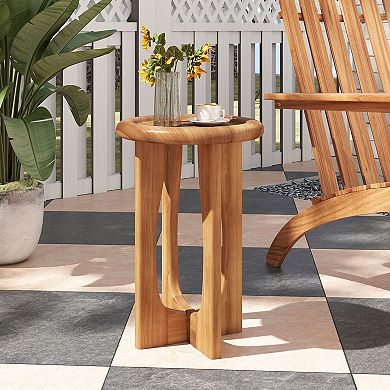 Wooden Patio Side Table with Cross Base Indoor Outdoor Accent Table