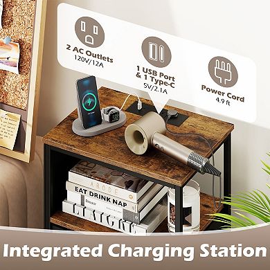 Industrial Bedside Table with USB Type-C Charging Station and Storage Drawers
