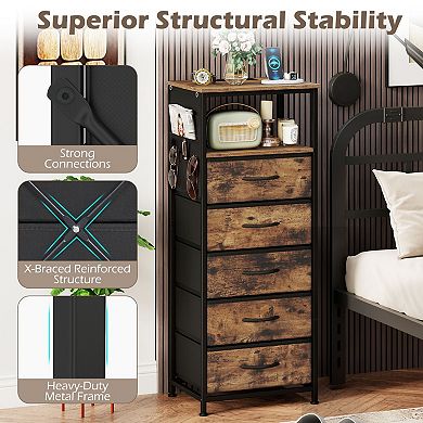 Industrial Bedside Table with USB Type-C Charging Station and Storage Drawers