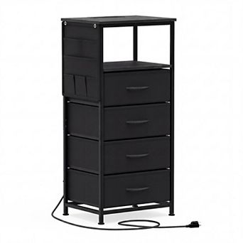 Narrow End Table with Charging Station Open Shelf and Fabric Storage Drawers
