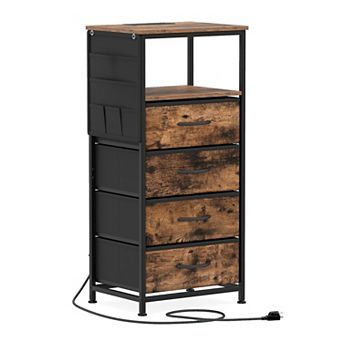 Narrow End Table with Charging Station Open Shelf and Fabric Storage Drawers