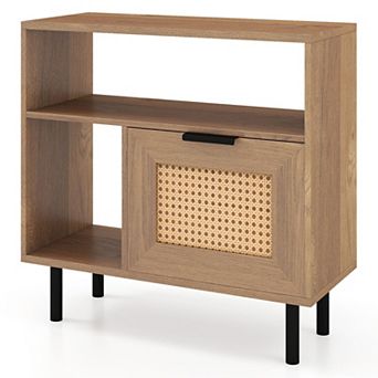 Farmhouse Rattan Nightstand with Cabinet and Open Shelves Narrow Side Table