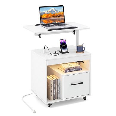 LED Nightstand with Charging Station Rotating Tabletop Storage Drawer and Rolling Wheels
