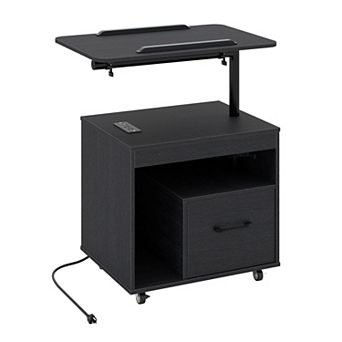 LED Nightstand with Charging Station Rotating Tabletop Storage Drawer and Rolling Wheels