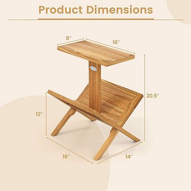 2 Tier Teak Wood Side Table Narrow End Table for Bedroom Living Room