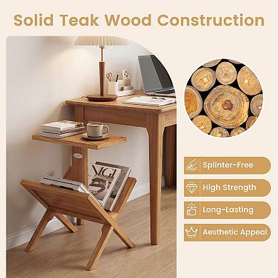 2 Tier Teak Wood Side Table Narrow End Table for Bedroom Living Room