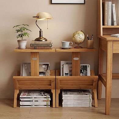 2 Tier Teak Wood Side Table Narrow End Table for Bedroom Living Room