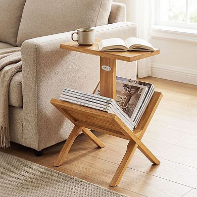 2 Tier Teak Wood Side Table Narrow End Table for Bedroom Living Room