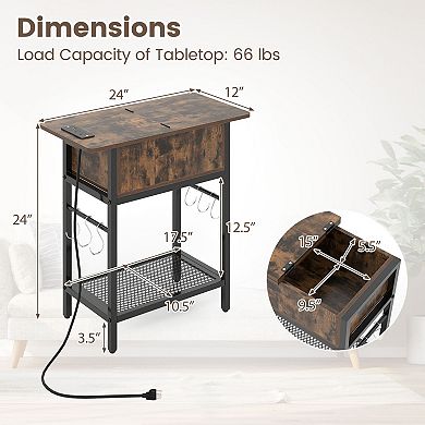 Slim Bedside Table with Charging Station Hooks and Hidden Compartment