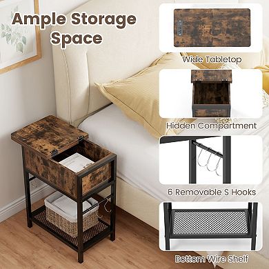 Slim Bedside Table with Charging Station Hooks and Hidden Compartment