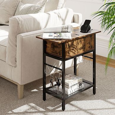 Slim Bedside Table with Charging Station Hooks and Hidden Compartment