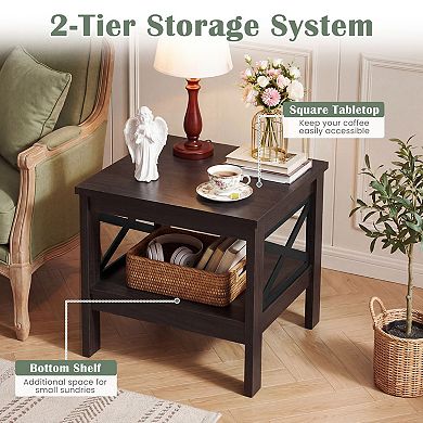 2-Tier Sofa Side Table with Storage Shelf, Wood Accent Table for Living Room