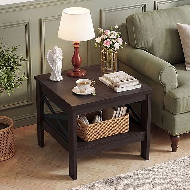 2-Tier Sofa Side Table with Storage Shelf, Wood Accent Table for Living Room
