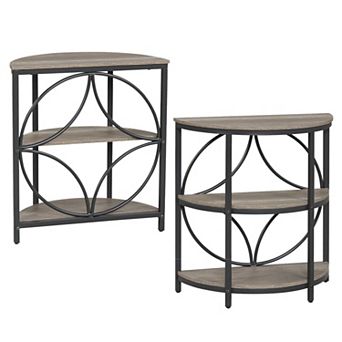 Set of 2 Compact Half Round End Table Set with 3 Shelves for Apartment Entryway
